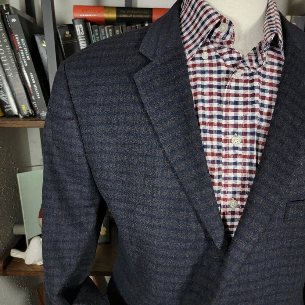 Nautica Men's‎ Flannel Sport Coat Blazer Two Button Brown Navy Plaid Size 46L